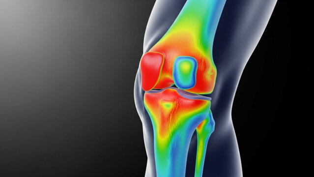 Anatomical rendering of a human knee joint with heat map showing temperature and bone structure in detail