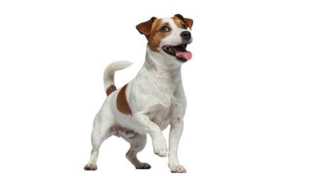 An energetic Jack Russell Terrier, white with brown markings, stands playfully with mouth open and tongue out, looking upwards. background removed