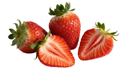 Vibrant, fresh red strawberries, including whole fruits and two halves revealing their juicy interior, perfectly isolated on a transparent transparent background. background removed
