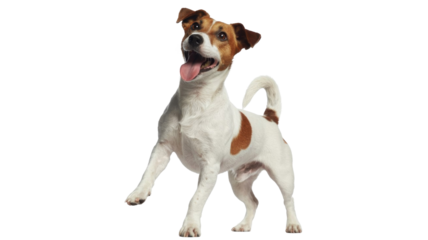 An excited Jack Russell Terrier dog, white with brown patches, playfully leaps with tongue out, looking happily upwards. background removed