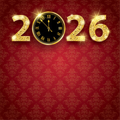 New Years Eve Clock 2026 Gold Red Ornaments