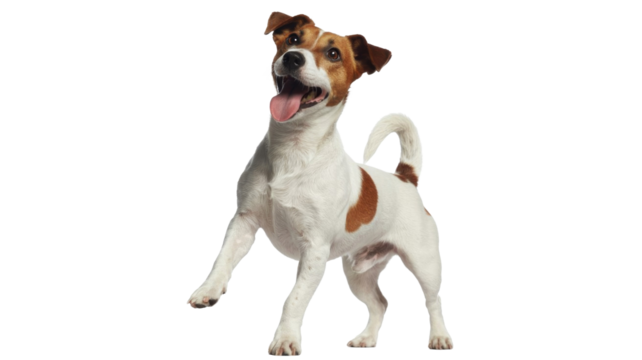 An excited Jack Russell Terrier dog, white with brown patches, playfully leaps with tongue out, looking happily upwards. background removed