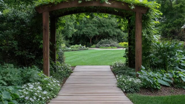 Wooden garden arch wooden walkway leading to lush green lawn with leafy vines and flowering border