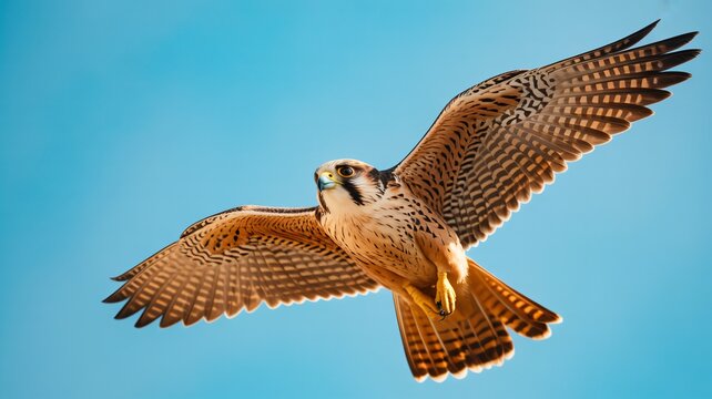 Majestic falcon soaring powerfully through clear blue sky with outstretched wings