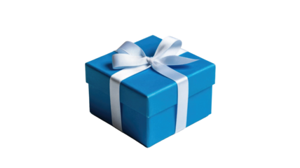 A festive blue gift box with a white ribbon bow, perfect for any special occasion, isolated on a solid transparent background. background removed