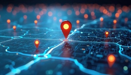 A red location pin marks a destination on a digital map. GPS navigation system shows network route and points. Concept of local search optimization, client targeting and lead generation for business.
