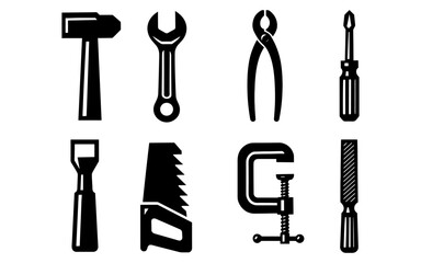 Obraz premium Set of silhouette hand tools icons: hammer, wrench, pliers, and more