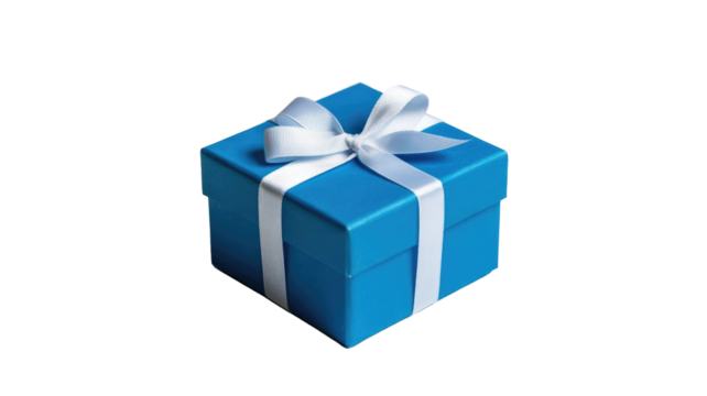 A festive blue gift box with a white ribbon bow, perfect for any special occasion, isolated on a solid transparent background. background removed