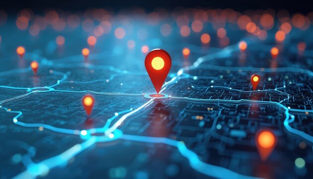 A red location pin marks a destination on a digital map. GPS navigation system shows network route and points. Concept of local search optimization, client targeting and lead generation for business. - Powered by Adobe