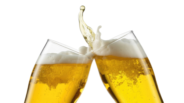 Two beer glasses clink together, creating a vibrant splash of golden liquid and frothy foam, symbolizing celebration and good times. background removed