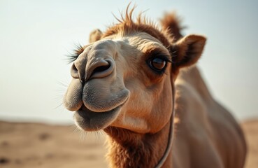 Fototapeta premium Close-up face of a dromedary camel in a desert landscape. The camel has distinctive eyelashes and large brown eyes. Its nose and mouth are prominent features against a blurred sandy background.