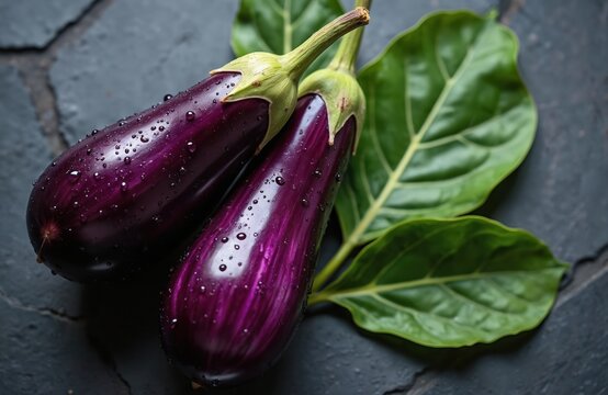 Fresh raw eggplants with water droplets, leaves on dark stone background. Two ripe purple aubergines ready for vegetarian cooking. Healthy organic vegetable harvest for vegan diet meal, farm fresh