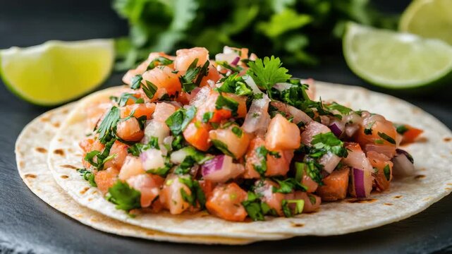 Fresh salmon ceviche taco with cilantro, red onion and lime zest on corn tortilla, vibrant and zesty