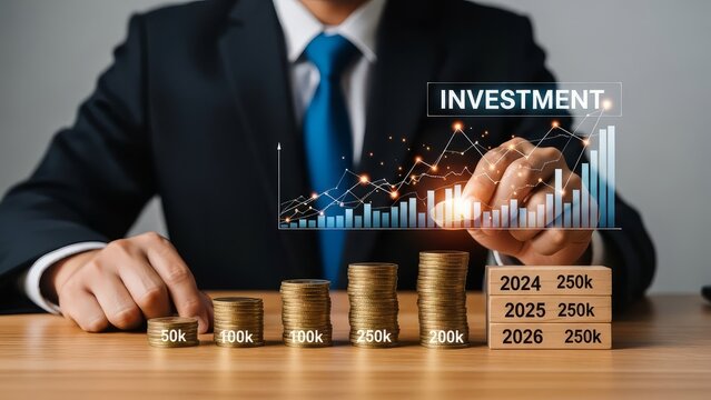 Businessman analyzing investment growth chart with coin stacks and wooden blocks on a wooden surface
