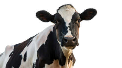 A close-up portrait of a curious black and white Holstein cow looking directly at the viewer with a solid transparent background. background removed
