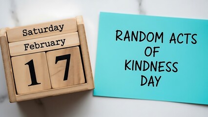 Random acts of kindness day message on a teal note next to a wooden block calendar showing february 17, saturday, symbolizing compassion and generosity.
