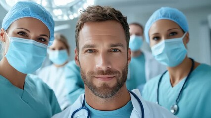 Confident male doctor portrait with surgeon nurse medical team smiling in hospital operating room - Powered by Adobe