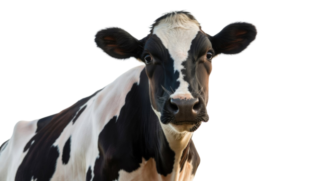 A close-up portrait of a curious black and white Holstein cow looking directly at the viewer with a solid transparent background. background removed