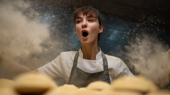 Young female baker in white uniform and apron joyfully working with dough, flour dust in air, wide angle, high camera angle, energetic bakery kitchen scene