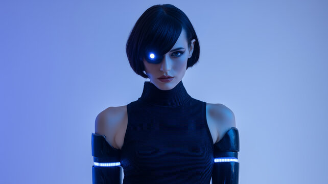 Futuristic female model with cyberpunk style, glowing blue eye, black bodysuit, robotic arms, and short dark hair, standing confidently in neon lighting