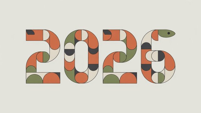 The year 2026 is displayed with a retro geometric pattern on beige background - Powered by Adobe