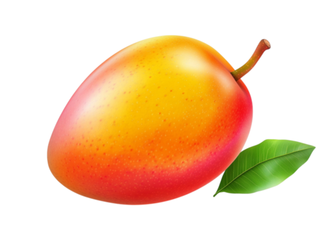 Vibrant ripe mango with green leaf isolated on a black background - Powered by Adobe