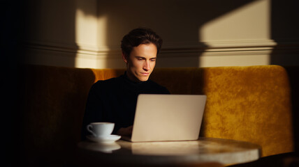 Professional working on laptop at cozy hotel, focused and calm, sitting at marble table with cup of coffee, warm sunlight casting shadows on yellow sofa