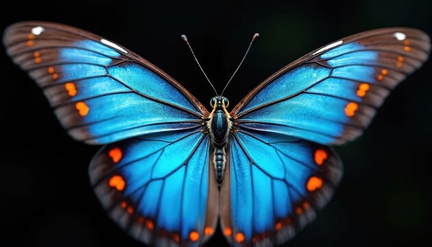Blue butterfly with bright orange spots on wings rests on dark background. Intricate wing patterns show fine veins and iridescent sheen. Insect looks fragile delicate macro detail.