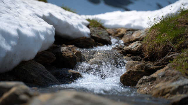 Snow melting into mountain stream, clear water flowing over rocks, surrounded by patches of grass and snow, creating refreshing and tranquil natural scene