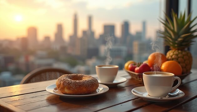 Morning breakfast with coffee, bagel, fresh fruit basket on wooden table. Hot cappuccino steam rises from cups. City skyline view at sunrise provides scenic background. Enjoying tranquil urban