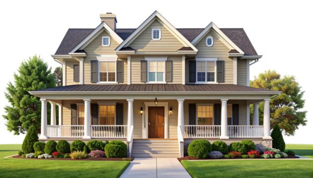 Charming American-Style Family Home with Front Porch, Isolated on Transparent Background