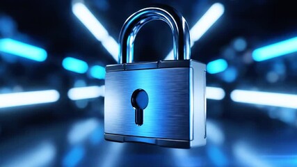 A detailed image of a closed lock with a keyhole, with blue and white blurred lights - Powered by Adobe