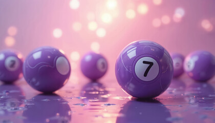 Purple lottery balls for winning gambling game draw. Shiny bingo spheres with numbers on wet reflective surface. Closeup of lucky number seven ball against pink bokeh background. Illustration random