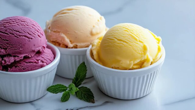 Three colorful scoops of sorbet in white bowls and ramekins with mint raspberry scoop dessert bowl