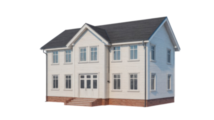A classic two-story white wooden house with a dark gray roof and red brick foundation. Features numerous windows and a welcoming double door entrance. background removed