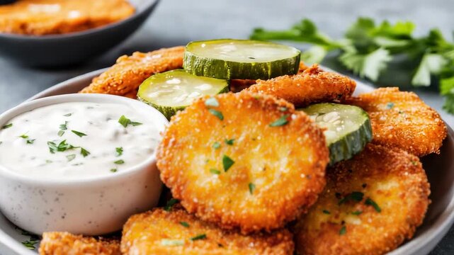 Crispy breaded fried pickle slices with creamy herb dip, creamy sauce, pickle slice dipping sauce