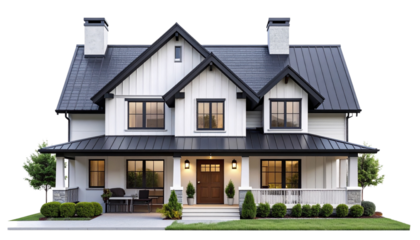 Modern Country Home Facade with Black Trim and Gabled Roof, Cutout PNG
