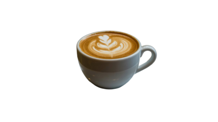 A delightful cup of coffee featuring intricate latte art, showcasing a heart and leaf pattern on its rich, frothy surface. background removed