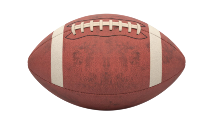A classic brown American football with prominent white laces and stripes, textured and ready for play on a transparent background. background removed