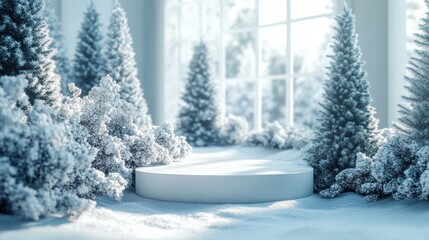 Christmas tree with white snowdrift,snowflakes,snow land,podium with bauble,Christmas theme stage podium mock up for product placement,Happy New Year. Celebrate party,Xmas Poster,web banner,festive.