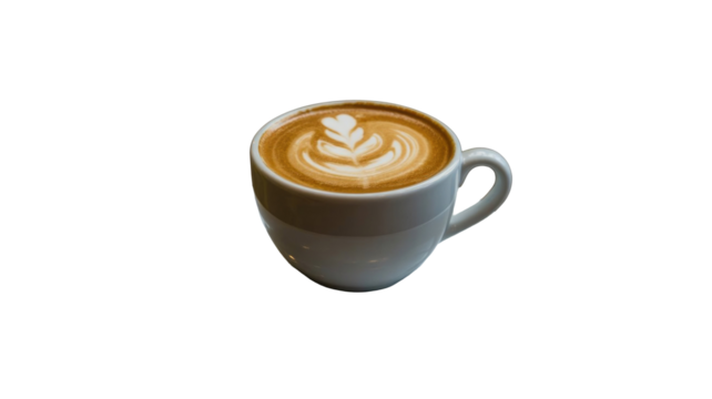 A delightful cup of coffee featuring intricate latte art, showcasing a heart and leaf pattern on its rich, frothy surface. background removed
