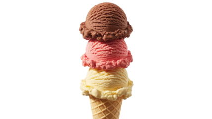 A delicious triple-scoop ice cream cone with chocolate, strawberry, and vanilla flavors stacked on a crisp waffle cone, ready to enjoy. background removed