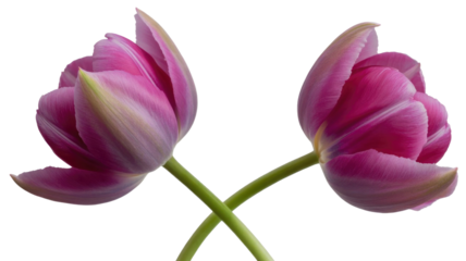 Two elegant pink tulips with vibrant petals and green stems cross against a solid transparent background, showcasing their fresh beauty. background removed