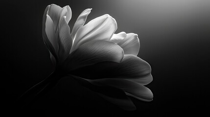 Close-up of a blooming tulip flower in black and white, with dramatic lighting against a dark background.