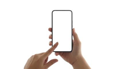 Hands hold a modern smartphone with a blank white screen, a finger poised to tap. Perfect for app mockups or displaying digital content. background removed