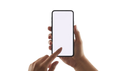 Two hands hold a modern smartphone with a blank white screen, one finger tapping. Ideal for app mockups and digital content display. background removed