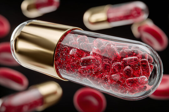 A conceptual 3D rendering of a futuristic medical pill containing red blood cells, symbolizing advancements in nanotechnology and hematology