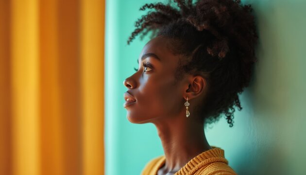 Side profile of a young Black woman. She looks upwards with a thoughtful expression. She wears a yellow sweater and earrings. The backdrop is a mix of yellow and blue colors. - Powered by Adobe