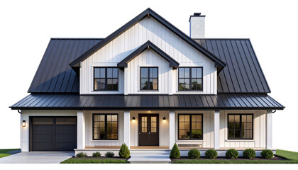 Fototapeta premium Farmhouse Front Elevation with White Siding and Dark Accents, Isolated on Transparent Background