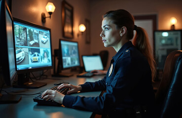 Female police officer works on computer at station. Law enforcement agent types on keyboard. She ensures safety and security in control room with multiple monitors.